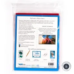Rückseite der Verpackung mit Produktbeschreibung, Tutorial-Hinweis und Barcode zu ByAnnie's Lightweight Mesh in Atom Red.